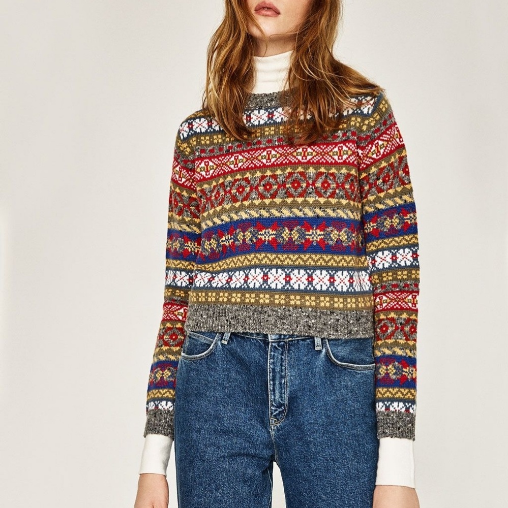 NWT Zara Cropped Jacquard Fair Isle Sweater Medium - Picture 8 of 8